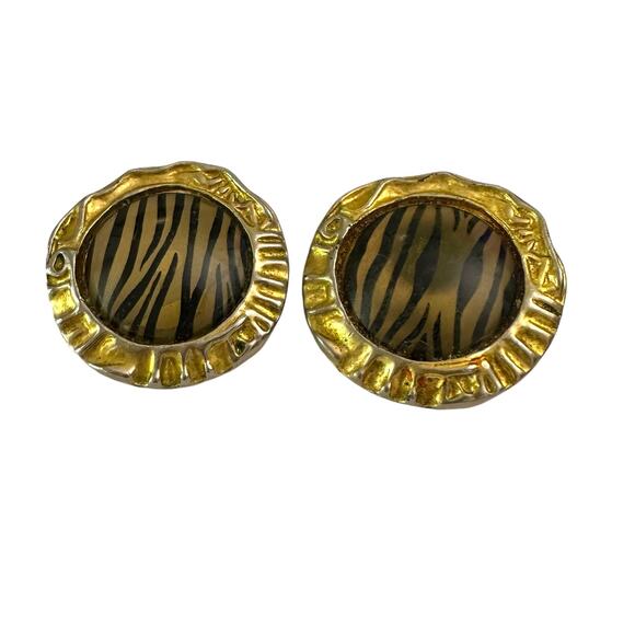 Vintage Animal Print Round Gold Tone 80s Clip-on Earrings - Picture 2 of 6